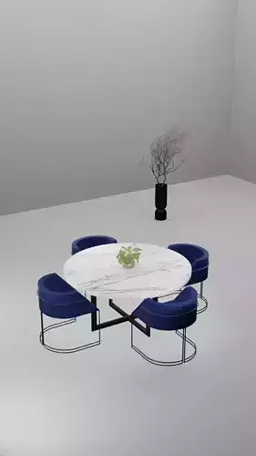 Modern Marble Round Dining Table Set with Blue Velvet Chairs 3d
