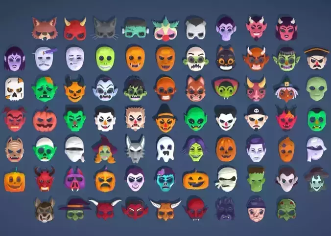 73 Halloween Masks Pack  Toon Horror Ghost Masks Low-poly 3D model