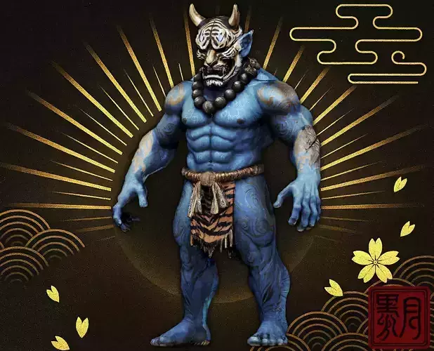 Blue Oni with Tiger-Hannya Mask - Tattooed Demon FBX OBJ ZPR STL