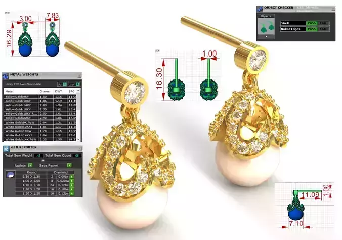 Pearl Drop with Diamond Crown stl 3dm earring model pe0055