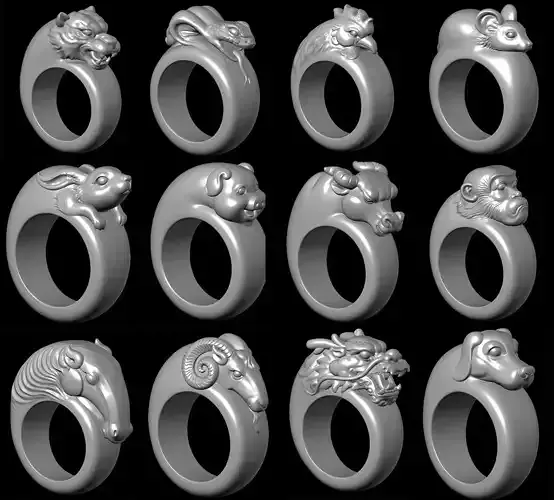 Chinese Zodiac Constellation Animal Ring Sculpture Model