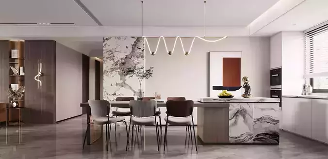 modern living and dining room interior  3D model 3