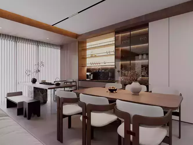 Living and Kitchen interior 3D model For Vray