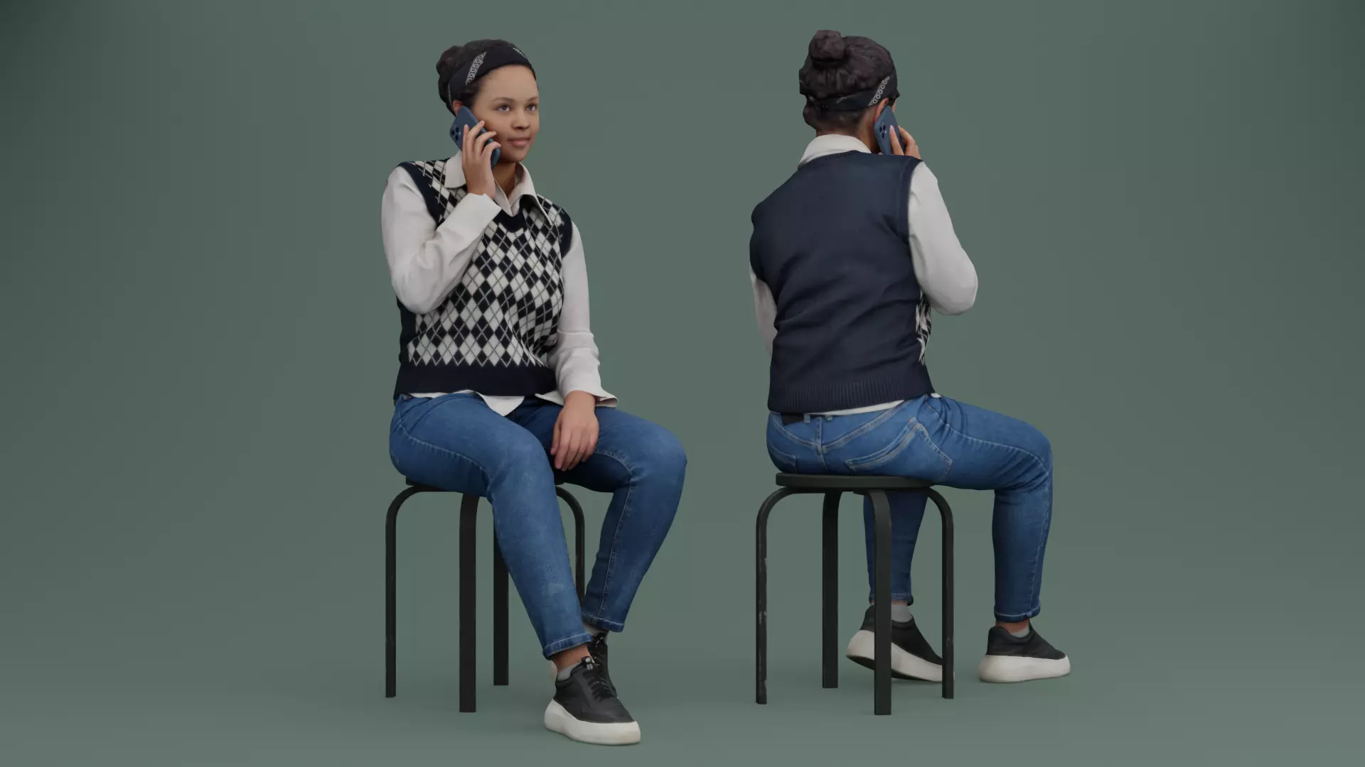 Girl Sits and Talks on the Phone 3D model_0