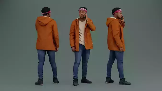 Guy in Orange Jacket with Smartphone 3D model