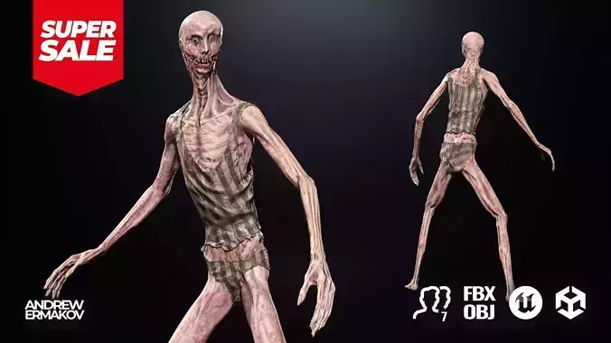 Tall Ghoul Redneck Zombie Monster8 Game Ready Character Low-poly 3D model