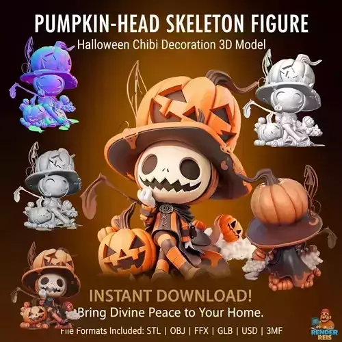 Pumpkin-Head Skeleton Figure Halloween Chibi Decoration 3D Model 3D print model