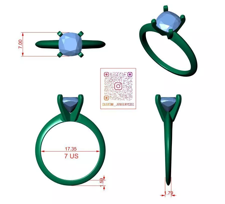 SQUARE CUSHION SOLITAIRE RING 3D print model_5