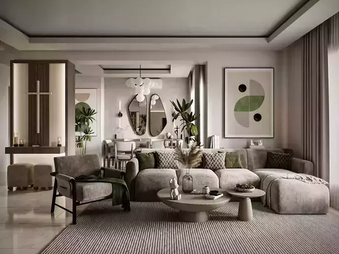 Modern Apartment Interior Living Dining  and Bedroom Corona 3D model