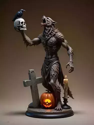 2490Werewolf Howling with Skull  3D Model  magic