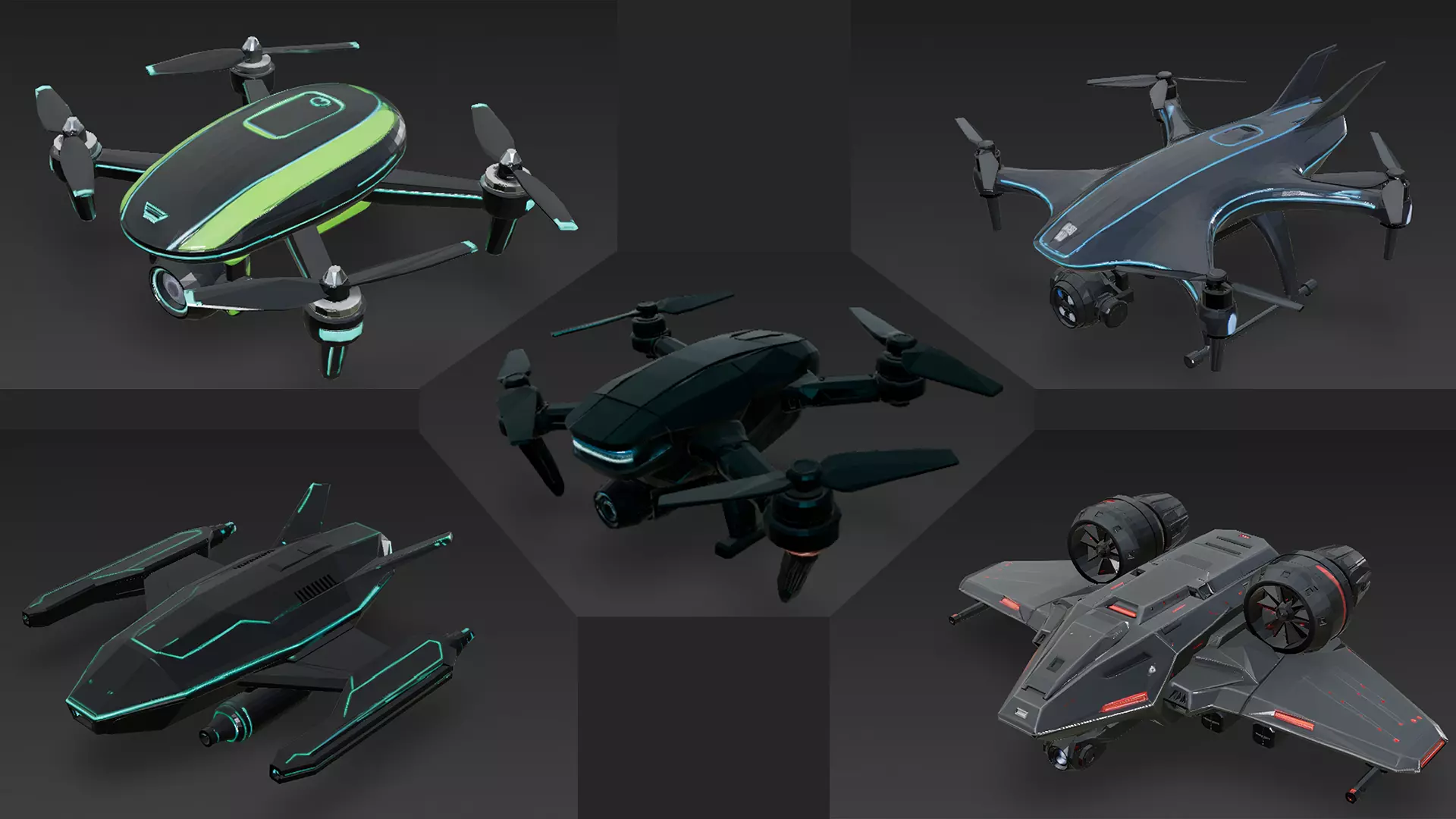 Futuristic Sci Fi Drones 3D Models Pack PBR Low-poly 3D model_0