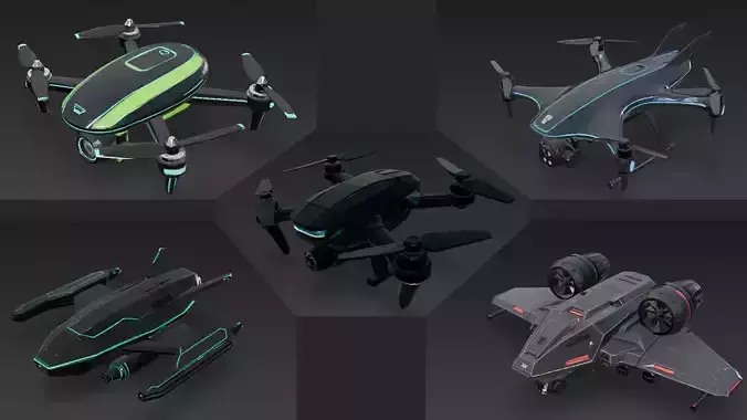 Futuristic Sci Fi Drones 3D Models Pack PBR