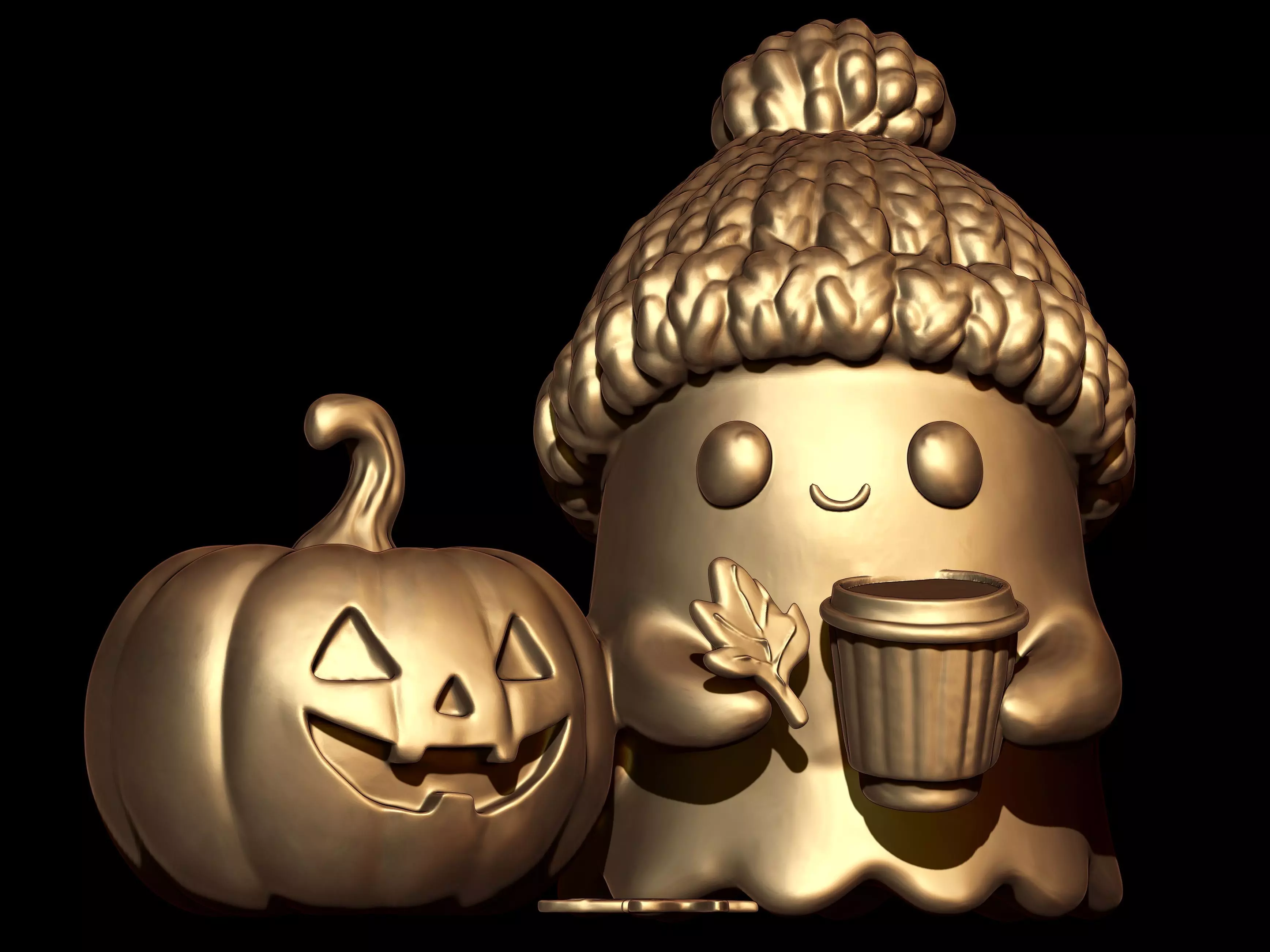 Cute Ghost Drinking Coffee and Jack o Lantern 3D print model_1