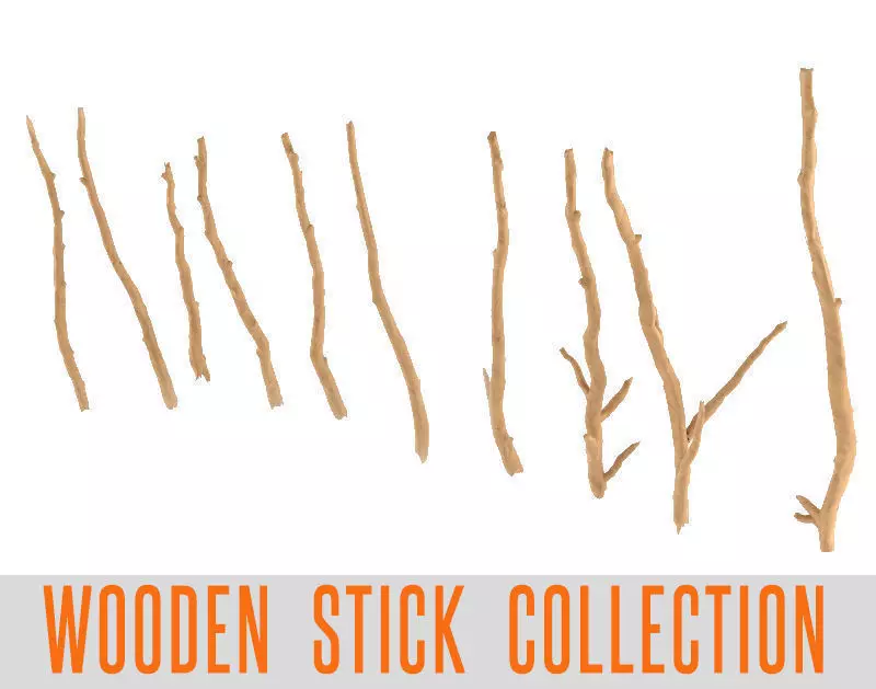Wooden Stick Branch Bat Rod Collection Game Asset Ready Low Poly Low-poly 3D model_0