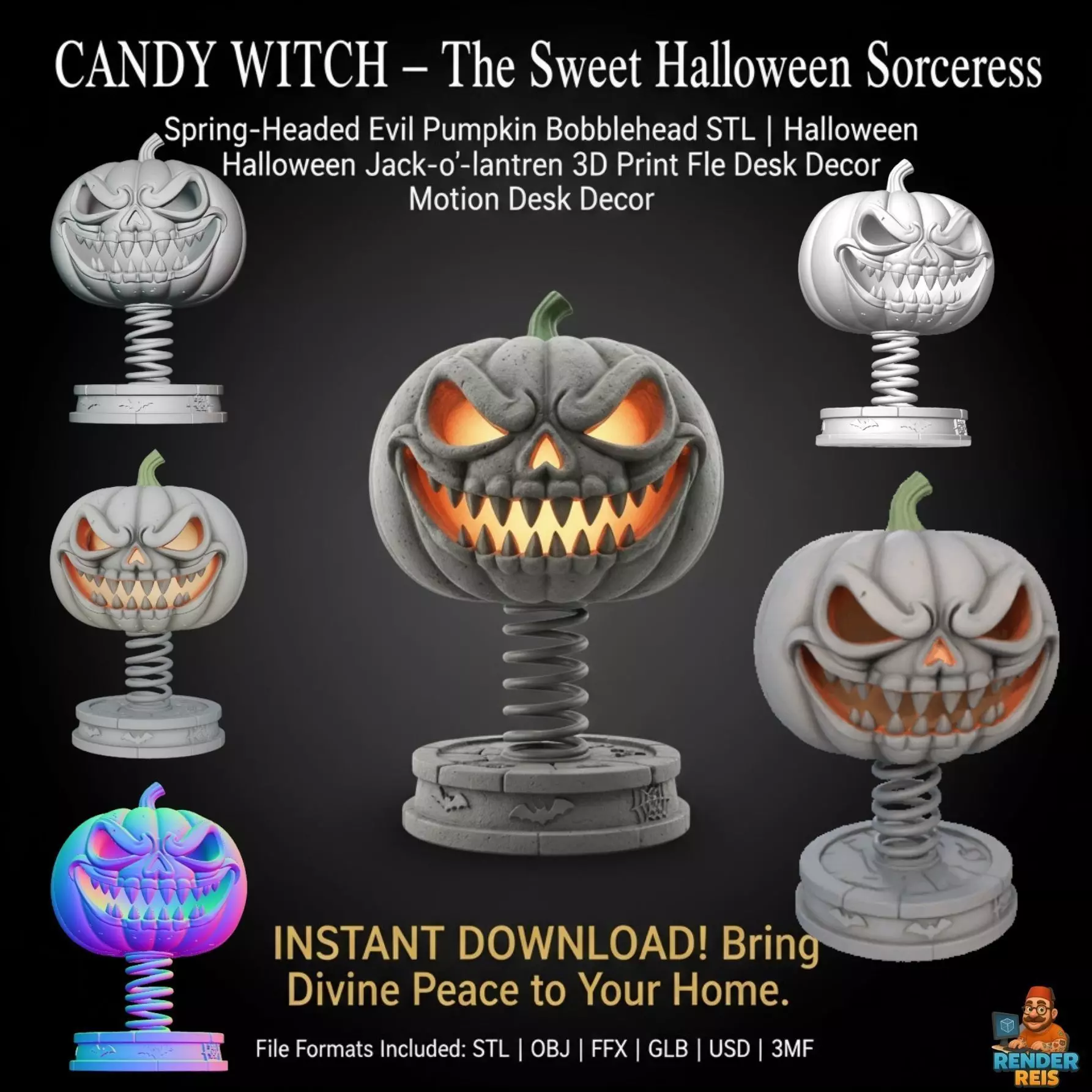 Spring-Headed Evil Pumpkin Bobblehead Halloween 3D print model