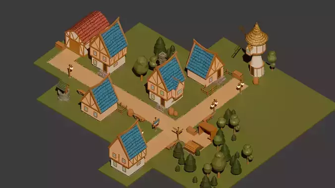 Building and Decor Set Medieval German Town Low-poly 3D model
