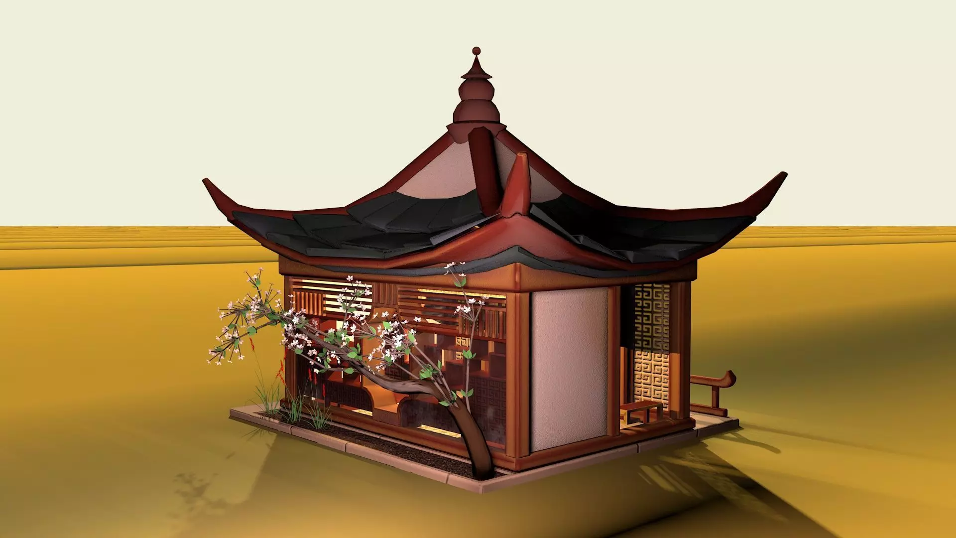 Stylized Chinese Pavilion Traditional Oriental Rest House Low-poly 3D model_2