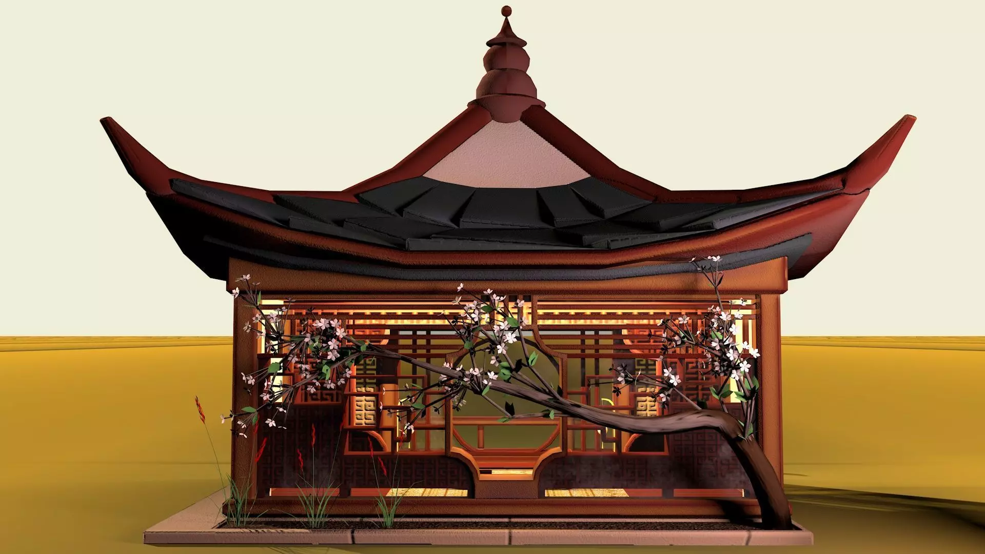 Stylized Chinese Pavilion Traditional Oriental Rest House Low-poly 3D model_3