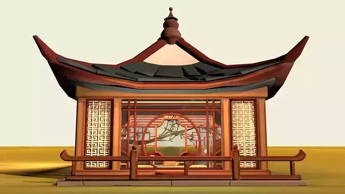 Stylized Chinese Pavilion Traditional Oriental Rest House Low-poly 3D model