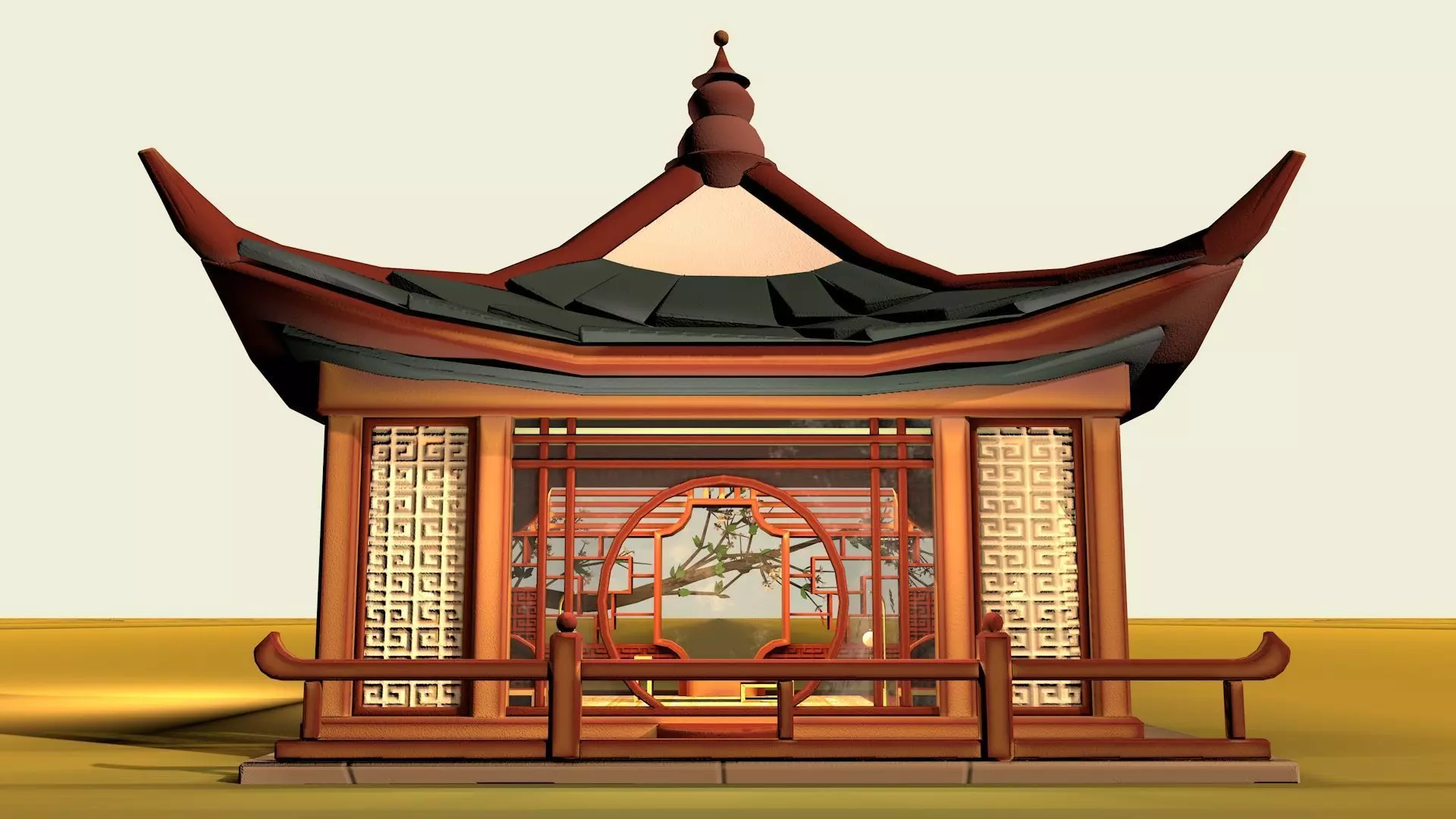 Stylized Chinese Pavilion Traditional Oriental Rest House Low-poly 3D model_0