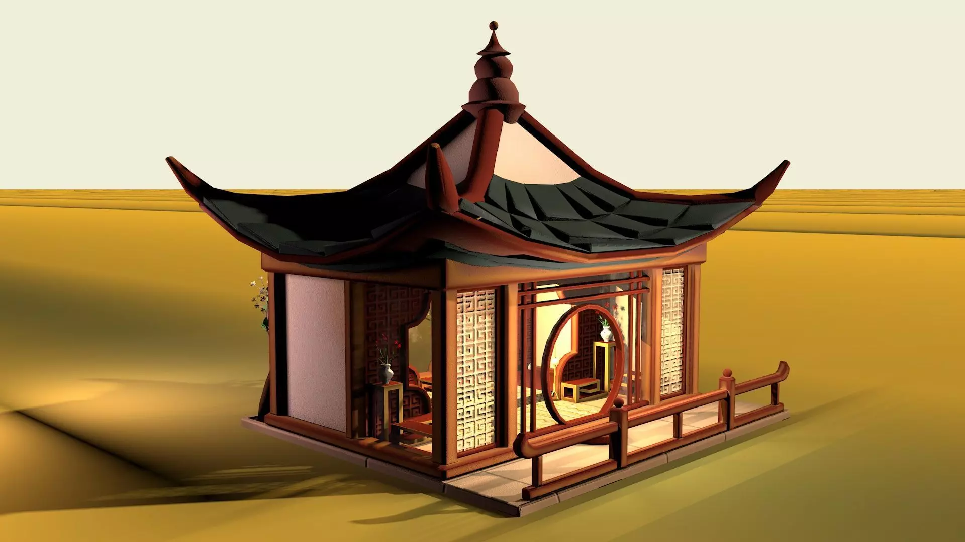 Stylized Chinese Pavilion Traditional Oriental Rest House Low-poly 3D model_1