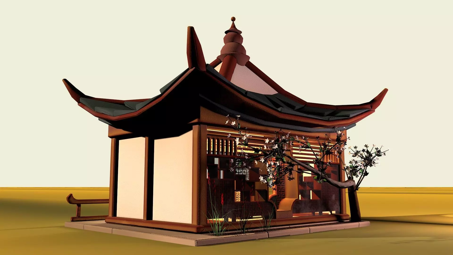 Stylized Chinese Pavilion Traditional Oriental Rest House Low-poly 3D model_4