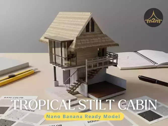 Tropical Stilt Cabin Eco Wooden House with Nipa Roof 3D model 2