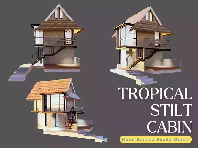 Tropical Stilt Cabin Eco Wooden House with Nipa Roof 3D model 4