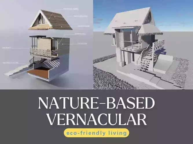 Tropical Stilt Cabin Eco Wooden House with Nipa Roof 3D model 5