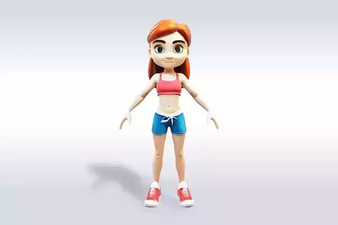3D Cartoon character t pose muscle sport girl gym