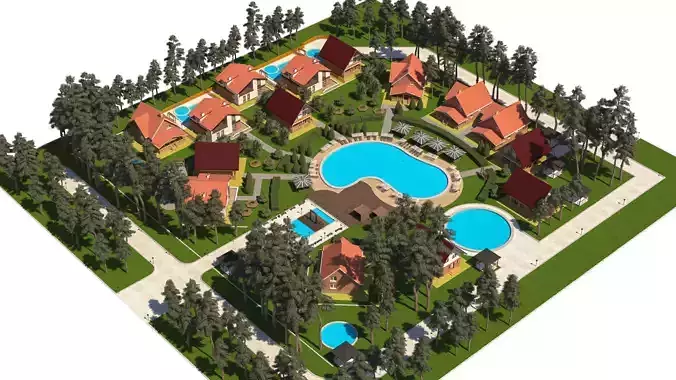 Forest Resort and Cabins 3d Scene