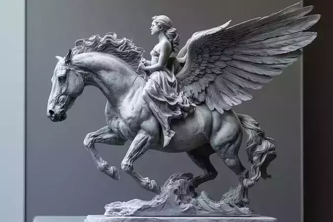 Ethereal Winged Rider Pale Stone Sculpture Captures Gallop