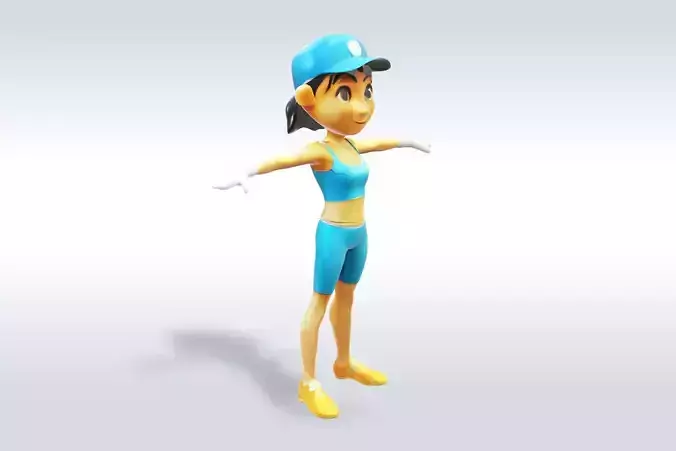 3D Cartoon character t pose sport girl gym Low poly 3D model