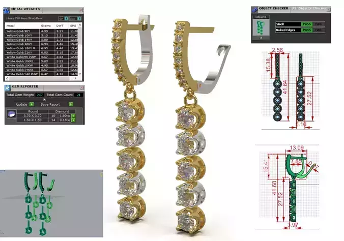 Linear Drop stl 3dm Earrings with Two-Tone gold model je0142
