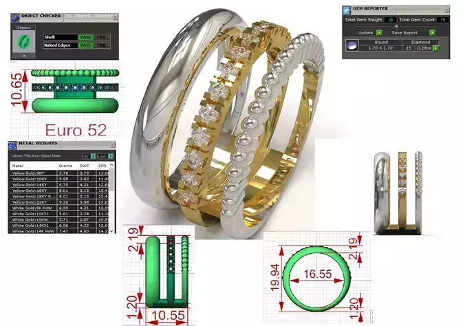 Tri Band Stacking Set stl 3dm gold jewelry ring model jr00258