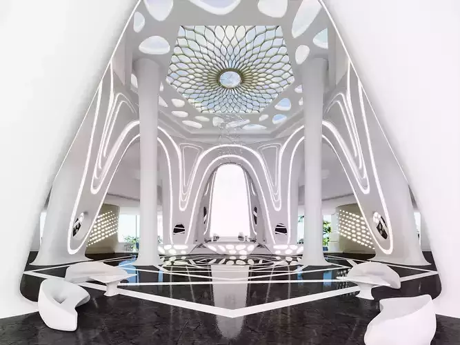 Futuristic Seaside Hotel Lobby Interior