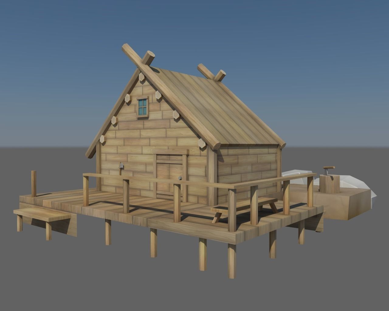 Wooden House Low-poly 3D model_2