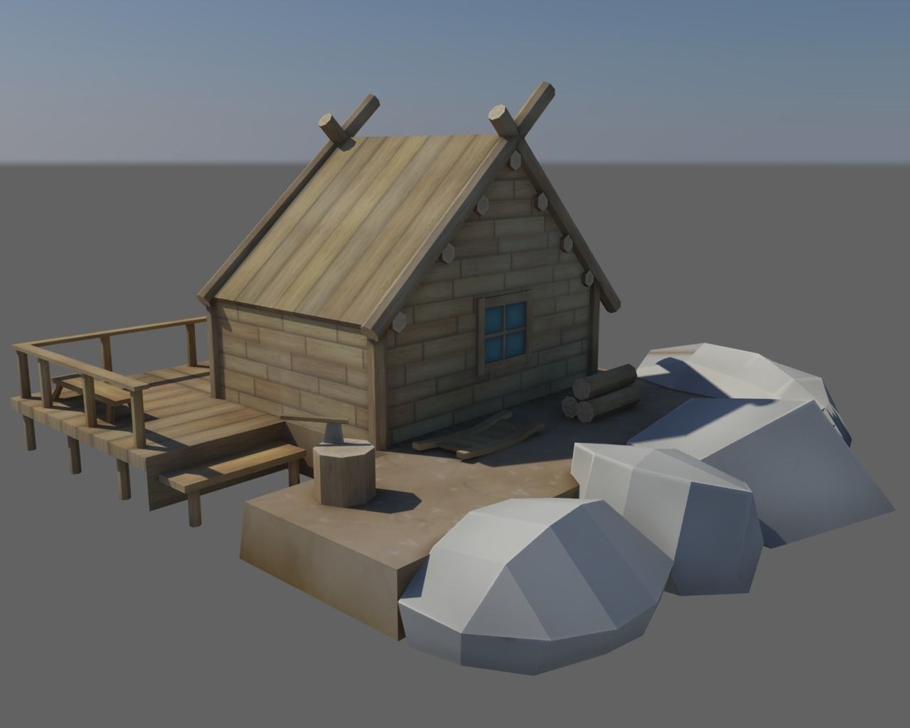 Wooden House Low-poly 3D model_3