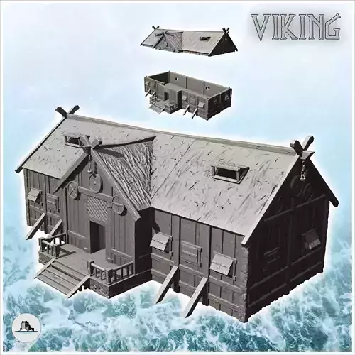 Wooden Viking building with access stairs and pediment chain 16 