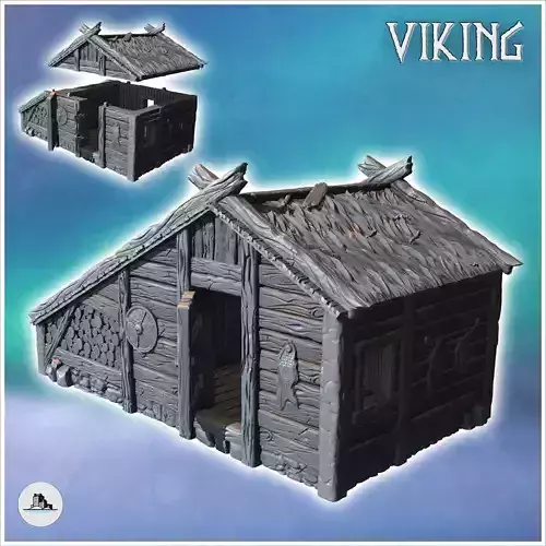 Viking wooden building with thatched roof stone annex and hangin