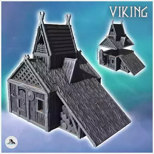 Large Viking building with thatched roof high platform and wood 