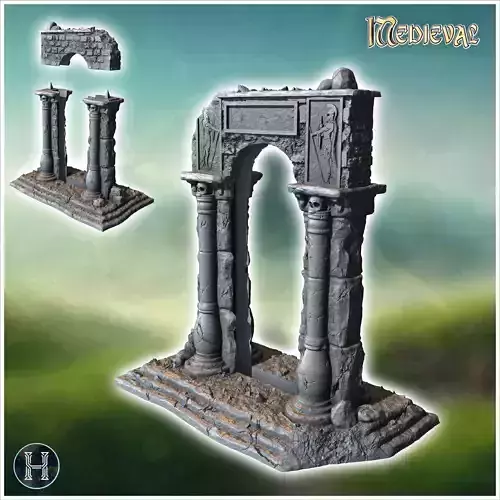 Ancient stone structure with a single arch supported by detailed