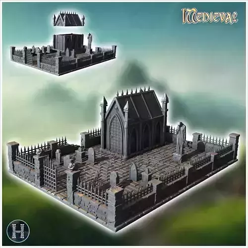 Gothic chapel on a large base surrounded by walls with detailed  3D print model