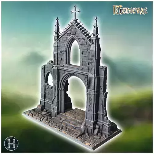 Ancient gothic arch with detailed carvings and two spiky archite 3D print model