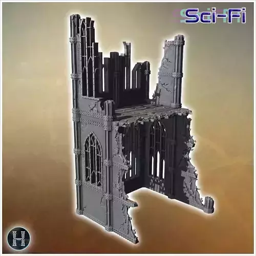 Tall ruined wall structure featuring broken windows and detailed