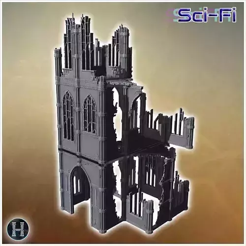 Large damaged building facade with multiple gothic arches and br 3D print model