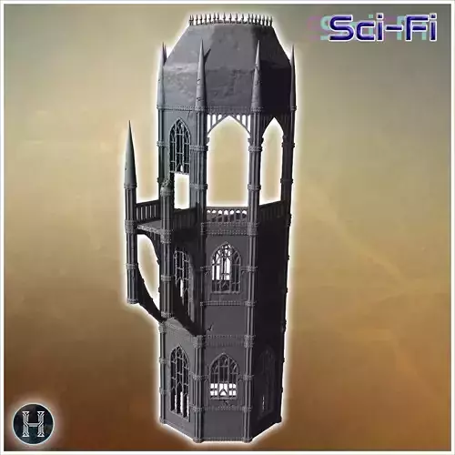 Tower-like structure with high gothic arches spiked rooftop and 