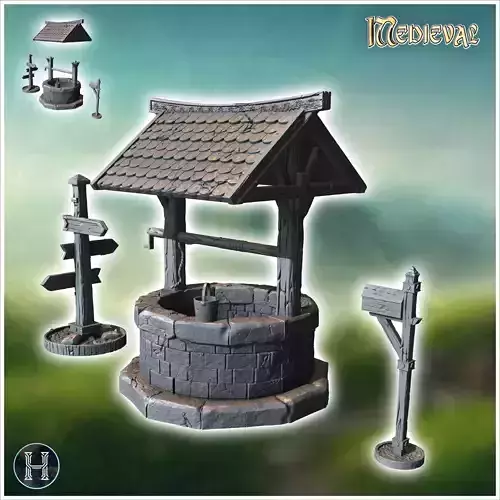 Outdoor accessory set with tile-roofed well wooden sign and lett