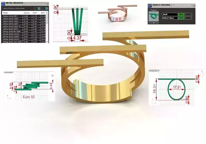 Geometric Linear Open stl 3dm gold Ring gr0159