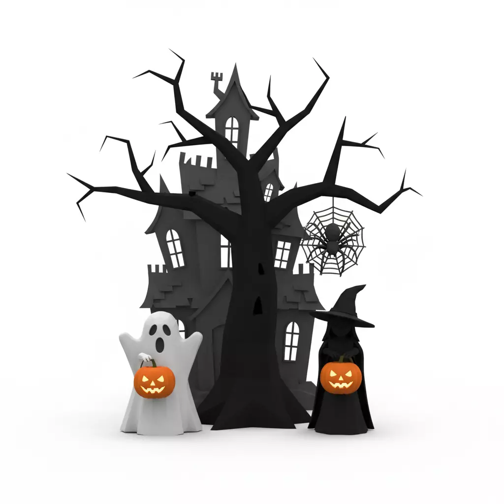 Dark Black Happy Halloween House 3D Model with Spooky Elements 3D print model_0